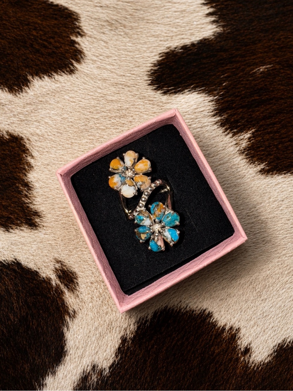 Turquoise & Orange Spiny Double Flower Sterling Silver Ring